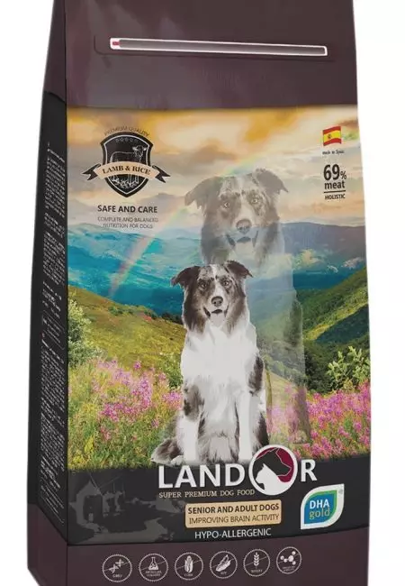 Alimente pentru câini Landor: Pentru rasele mici, mari și medii, pentru cățeluși. Alimente uscate și umede, compoziția lor. Care este mâncarea gratuită mai bună decât altele? Recenzii 22032_18