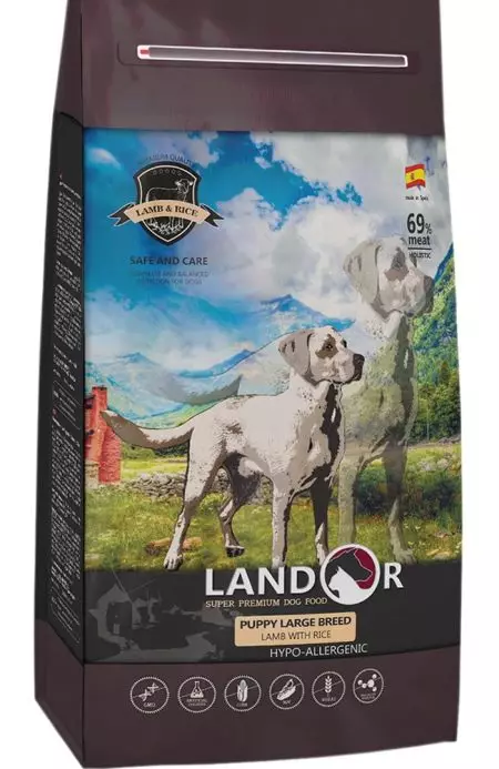 puppies کے لئے، چھوٹے بڑے اور درمیانے نسلوں کے لئے،: کتوں Landor لئے کھانا. خشک اور گیلی خوراک، ان کی ساخت. ولاپ فری کھانا دوسروں سے بہتر کیا ہے؟ جائزے 22032_22