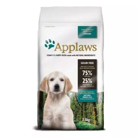 Alimentos para cans Aplauds: Composición. Fonte de cachorros secos, revisión de produtos de raios para cans de pequenas e outras razas. Comentarios 22039_2