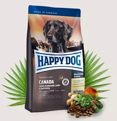 Happy dog ​​dog feed: tuyo at basa, para sa mga tuta ng malaki, maliit at katamtamang breed. Komposisyon ng naka-kahong at iba pang mga feed ng aso, mga review 22054_10