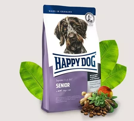 Happy Dog Hond Feed: Dréchnen a naass, fir Welpen vu grousser, kleng a mëttel Rassen. Zesummesetzung vum Konserven an aner Hond ernähren, Bewäertungen 22054_11