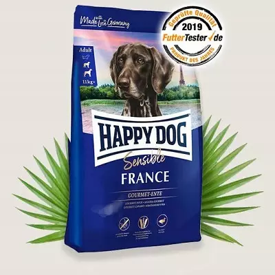 Happy Dog Dog Feed: Kuiva ja märkä, pentuja suurille, pienille ja keskisuurille roduille. Säilykkeiden koostumus ja muut koiran syötteet, arvostelut 22054_14
