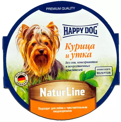 Happy dog ​​dog feed: tuyo at basa, para sa mga tuta ng malaki, maliit at katamtamang breed. Komposisyon ng naka-kahong at iba pang mga feed ng aso, mga review 22054_25