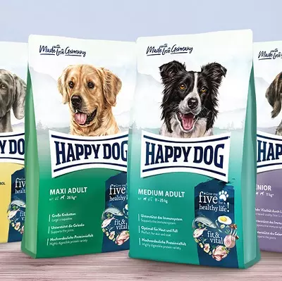 Happy Dog Dog Feed: Kuiva ja märkä, pentuja suurille, pienille ja keskisuurille roduille. Säilykkeiden koostumus ja muut koiran syötteet, arvostelut 22054_6