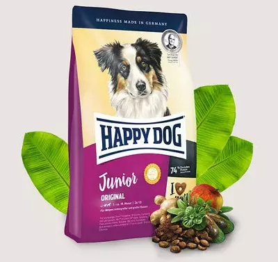 Feed di cane felice cane: secco e bagnato, per cuccioli di razze grandi, piccole e medie medie. Composizione di inscatolati e altri alimenti per cani, recensioni 22054_7
