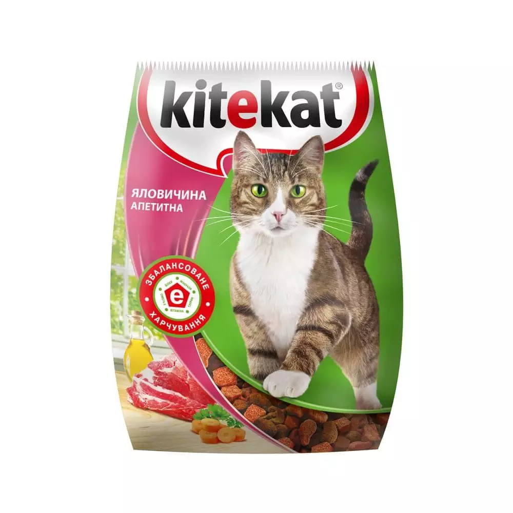 Kuru Gıda Kitekat: Kompozisyon. 2-10 ve 15 kg paketlerinde kedi maması. 