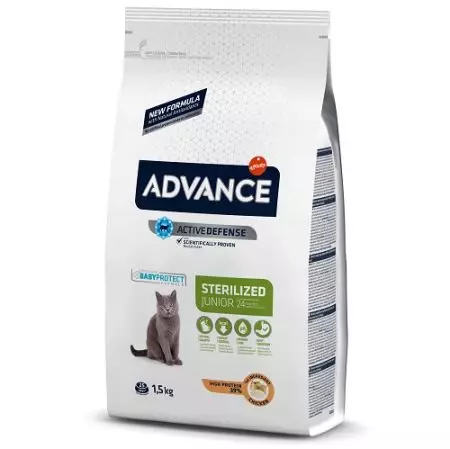 Suapan Kucing Advance: Untuk kucing yang disterilkan dan untuk anak kucing, salmon dan Turki, makanan lain dan arahan untuk kegunaannya. Ulasan 22062_18