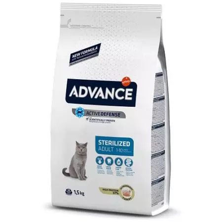 Suapan Kucing Advance: Untuk kucing yang disterilkan dan untuk anak kucing, salmon dan Turki, makanan lain dan arahan untuk kegunaannya. Ulasan 22062_19