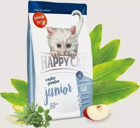 Happy Cat Cat Feed: de gearstalling fan wiet en droech iten foar kittens en sterilisearre katten, iten foar catrated katten. Resinsjes fan beoordelingen 22070_16