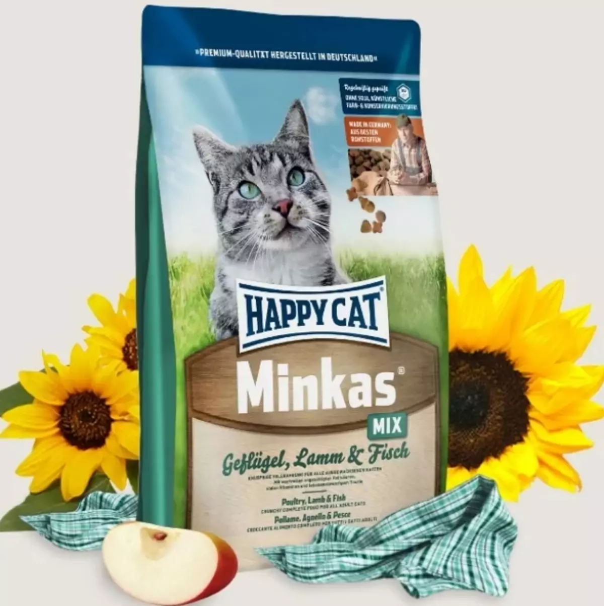 Happy Cat Cat Feed: de gearstalling fan wiet en droech iten foar kittens en sterilisearre katten, iten foar catrated katten. Resinsjes fan beoordelingen 22070_22