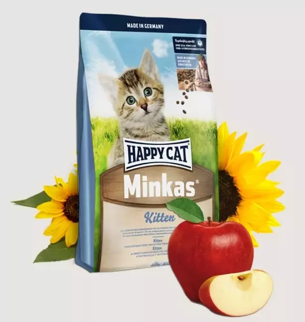 Feed do gato do gato feliz: a composição do alimento molhado e seco para gatinhos e gatos esterilizados, alimento para gatos castrados. Avaliações 22070_23