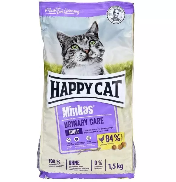 Feed do gato do gato feliz: a composição do alimento molhado e seco para gatinhos e gatos esterilizados, alimento para gatos castrados. Avaliações 22070_24