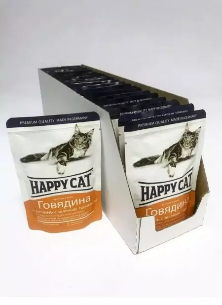 Feed do gato do gato feliz: a composição do alimento molhado e seco para gatinhos e gatos esterilizados, alimento para gatos castrados. Avaliações 22070_29