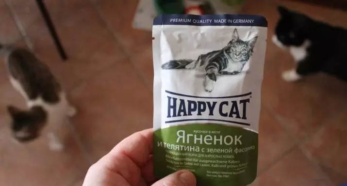 Feed do gato do gato feliz: a composição do alimento molhado e seco para gatinhos e gatos esterilizados, alimento para gatos castrados. Avaliações 22070_8