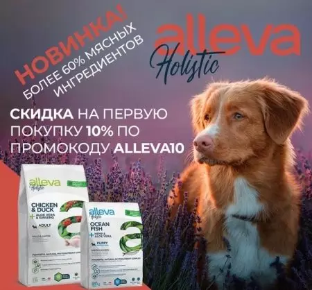 Makanan untuk anjing Alleva: Holistik untuk anak anjing dan makanan kering lain, komposisi dan kajian mereka. Kelebihan dan kekurangan. Ulasan 22072_2