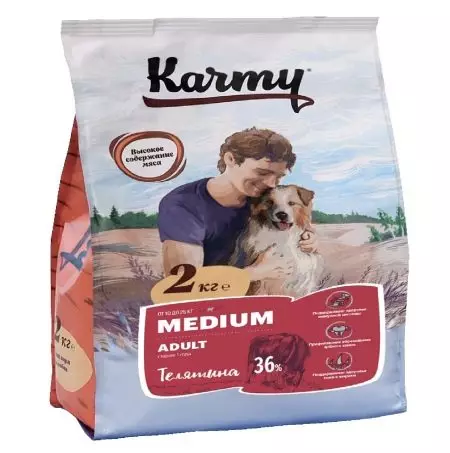 Karmy Dog Feed: komponado kaj klaso de seka nutraĵo por malgrandaj, mezaj kaj grandaj rasoj. Manĝu kun ŝafido, Veal kaj aliaj produktantaj produktoj, recenzoj 22106_14
