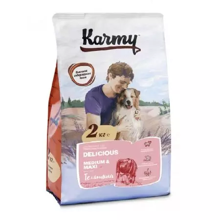 خوراک سگ Karmy: ترکیب و کلاس خوراک خشک برای نژادهای کوچک، متوسط ​​و بزرگ. تغذیه با بره، گوشت گوساله و سایر محصولات تولید کننده، بررسی 22106_23