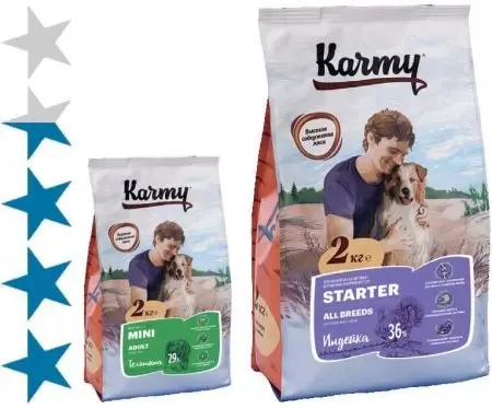 Karmy Dog Feed: komposisyon at klase ng dry feed para sa maliit, daluyan at malalaking breed. Feed sa LAMB, VEAL at iba pang mga produkto ng producer, mga review 22106_7