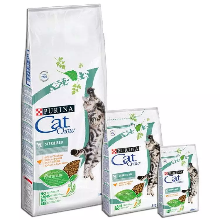 Purina Cat Chow for steriliserte katter: Sterilisert fôroversikt for kastrerte katter, deres sammensetning. Tørr fôr 15 kg og våt, vurderinger 22119_10