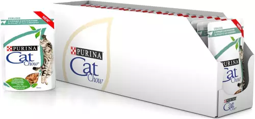 Purina Cat Chow for steriliserte katter: Sterilisert fôroversikt for kastrerte katter, deres sammensetning. Tørr fôr 15 kg og våt, vurderinger 22119_9