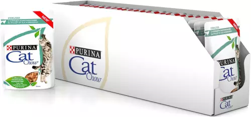 Purina cat Chow do chait sterilized: forbhreathnú beatha steiriliú le haghaidh cait caol, a gcomhdhéanamh. Beatha Tirim 15 kg agus fliuch, athbhreithnithe 22119_9