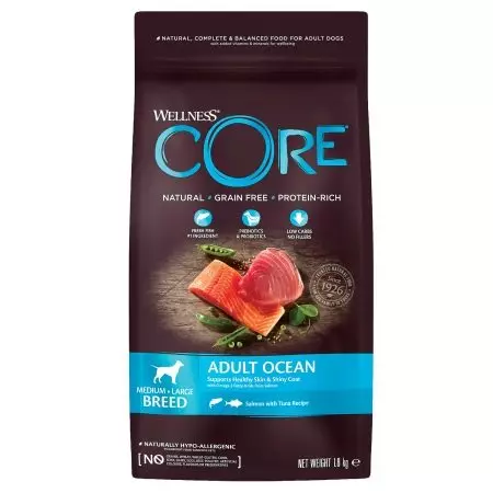 Core Wellness kanggo asu: komposisi, panganan kanggo anak anjing lan watu cilik, garing lan udan nganggo lamb, spesies liyane 22132_13