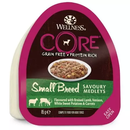 Core Wellness kanggo asu: komposisi, panganan kanggo anak anjing lan watu cilik, garing lan udan nganggo lamb, spesies liyane 22132_5