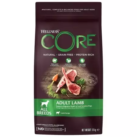Core Wellness kanggo asu: komposisi, panganan kanggo anak anjing lan watu cilik, garing lan udan nganggo lamb, spesies liyane 22132_8