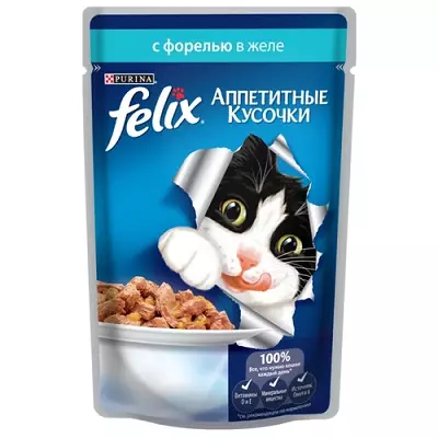Drėgnas maistas Felix katėms: skystųjų pašarų kačių sudėtis, bendras aprašymas ir įvairovė asortimentas. Apžvalgos 22138_11