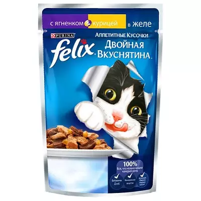 Mokré potraviny pro kočky Felix: Složení kapalných krmiv pro kočky, obecný popis a různé sortimentu. Recenze 22138_12