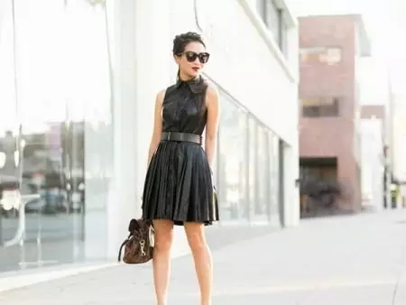 Pleated short leather dress.