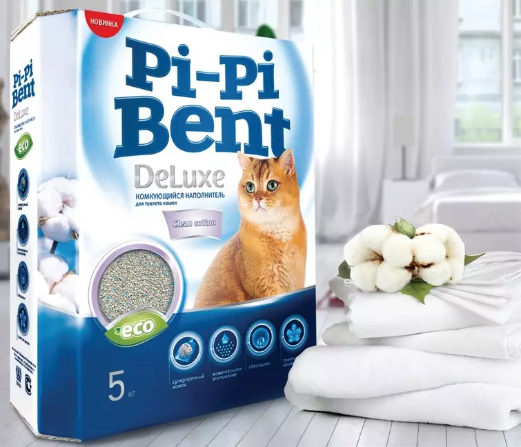 Pi-Pi Bent Fillers: მიმოხილვა კომერციული შემავსებლები Feline ტუალეტის 15 კგ და სხვა მოცულობა, მიმოხილვა 22619_5