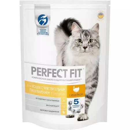 Fæða fyrir sótthreinsuð ketti Perfect Fit (20 myndir): Þurr og blautur fæða 10 kg og önnur rúmmál. Samsetning fóðurs fyrir neutered ketti. Umsagnir um lækna 22637_8