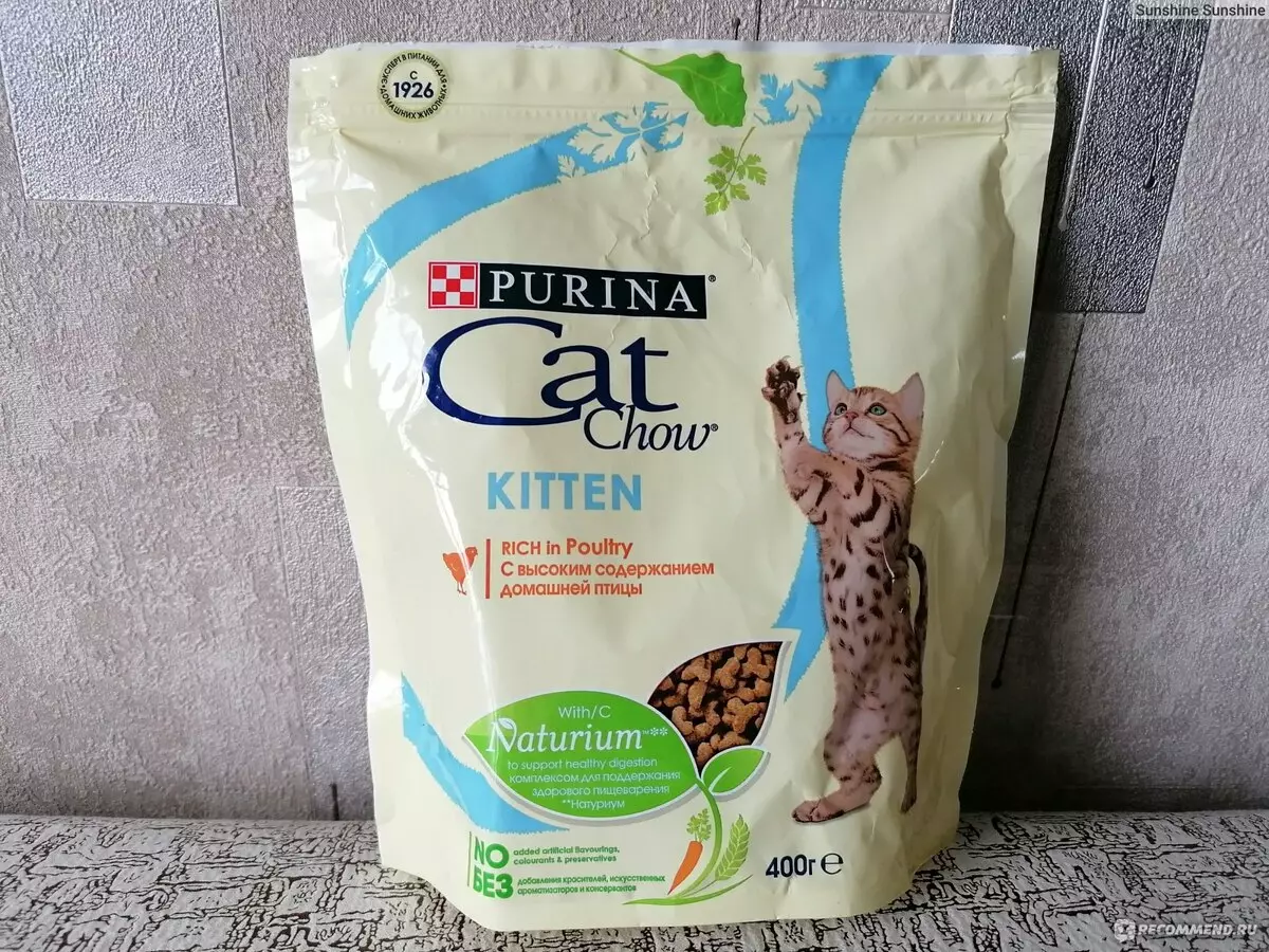 Purina Cat Chow for Kittens: მშრალი საკვები kitten და სველი, მათი შემადგენლობა. ერთად ქათამი 15 კგ და სხვა პროდუქტები 22660_3
