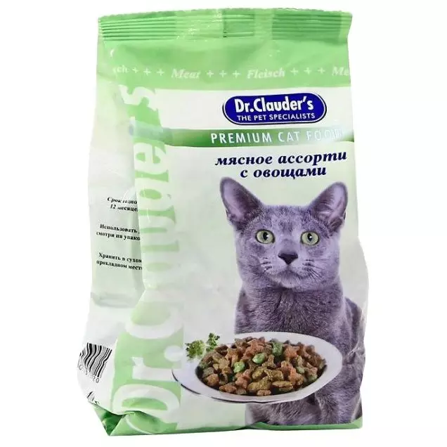Feed dr. Clauders: tuyo para sa mga pusa at aso. Feline Canned Food (Canned Food) at iba pang mga basa na produkto 22663_10