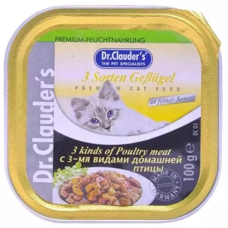 Feed dr. Clauders: Dry for cats and dogs. Feline canned food (canned food) and other wet products 22663_5