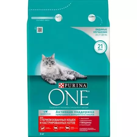 Purina jeden dla sterylizowanych kotów: suche jedzenie dla kasowanych kotów 3-10 kg i mokry, ich skład. Pasza kotów z łososiem i innymi produktami. Opinie 22683_11