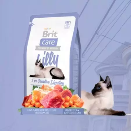 อาหารแห้งสำหรับ Cats Brit: องค์ประกอบของฟีดจาก Linek Premium, Care และสัตวแพทย์อาหารสำหรับลูกแมวและแมวผู้ใหญ่ความคิดเห็นของลูกค้า 22691_3