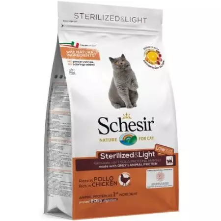 Cats për Cats Schesir: të thatë dhe të lagur për kotele dhe macet sterilizuar. Përbërja e maces të konservuar me ton dhe ushqime të tjera për të rriturit dhe macet e moshuar. Shqyrtime 22694_13