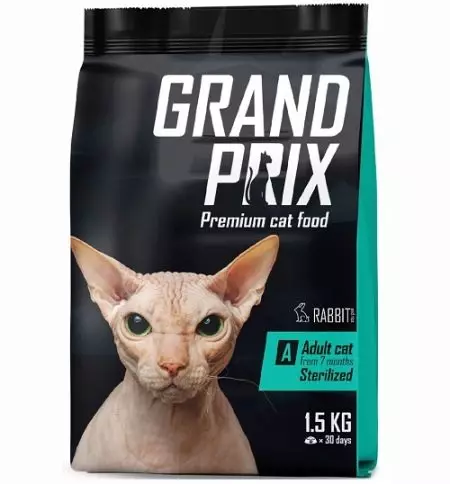 Beatha Grand Prix Cat: le haghaidh sphinxes steirilithe agus kittens, bia tirim agus fliuch. Athbhreithnithe 22697_9