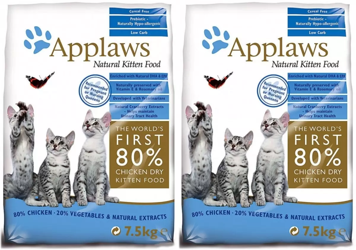 Cat feed Appaws: cica és sterilizált macskák, összetételük. Száraz hírnök és nedves takarmány, felülvizsgálatuk. Vélemény 22701_10