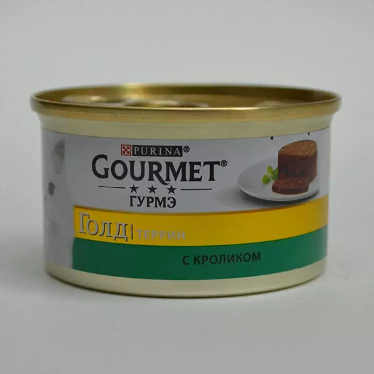 Gourmet: gat de gat i gatets de purina, patis humits i altres aliments enllaunats felins, la seva composició, comentaris 22711_11