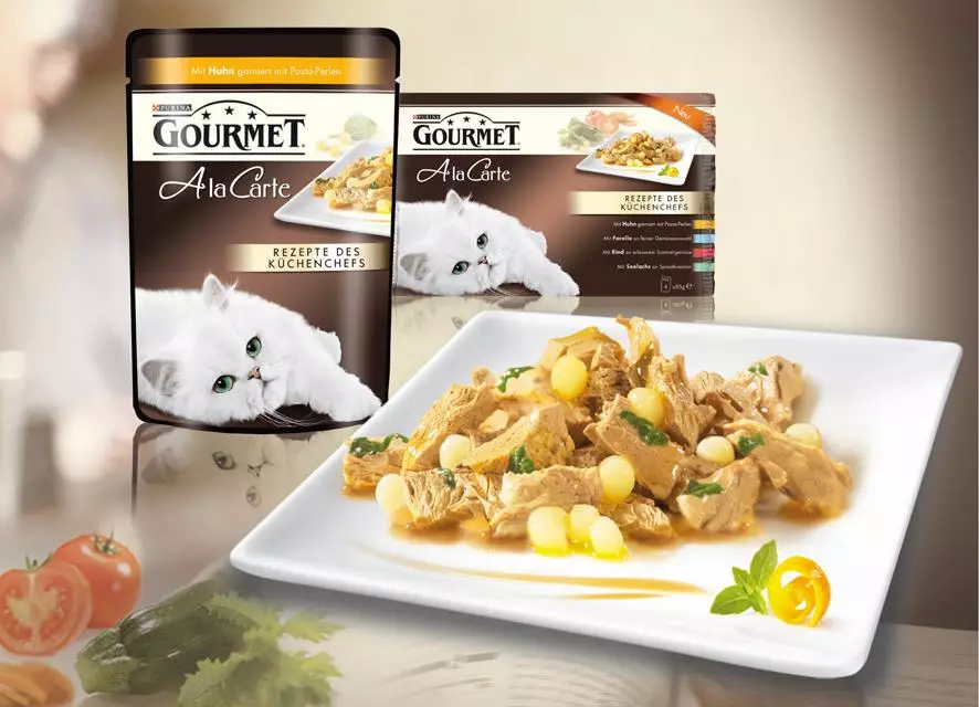 Gourmet: pakan kucing dan kucing purina, pate basah dan makanan kaleng kucing lainnya, komposisi mereka, ulasan 22711_17