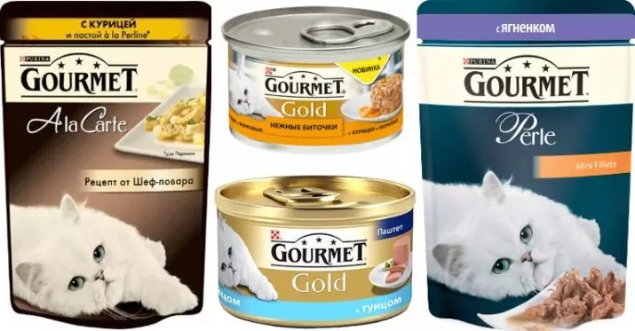 Gourmet: pakan kucing dan kucing purina, pate basah dan makanan kaleng kucing lainnya, komposisi mereka, ulasan 22711_18