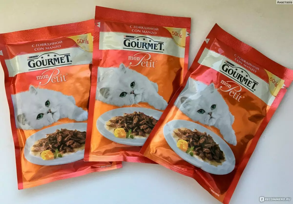 Gourmet: pakan kucing dan kucing purina, pate basah dan makanan kaleng kucing lainnya, komposisi mereka, ulasan 22711_2