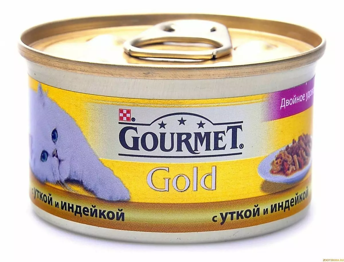 Gourmet: gat de gat i gatets de purina, patis humits i altres aliments enllaunats felins, la seva composició, comentaris 22711_22