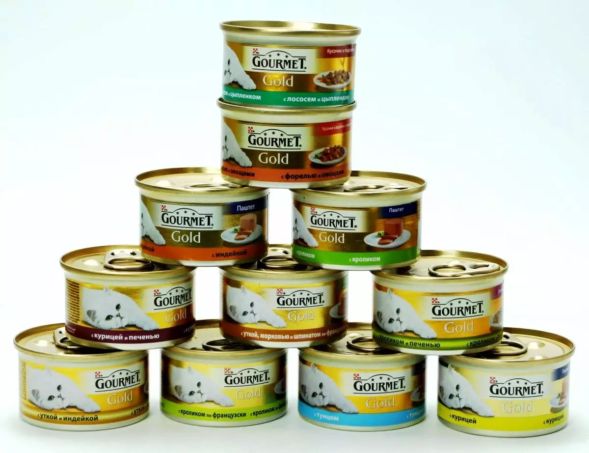 Gourmet: Cat feed at purina kuting, wet pates at iba pang feline canned food, ang kanilang komposisyon, mga review 22711_3