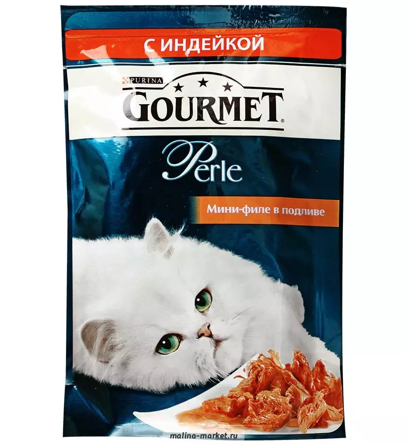 Gourmet: gat de gat i gatets de purina, patis humits i altres aliments enllaunats felins, la seva composició, comentaris 22711_33