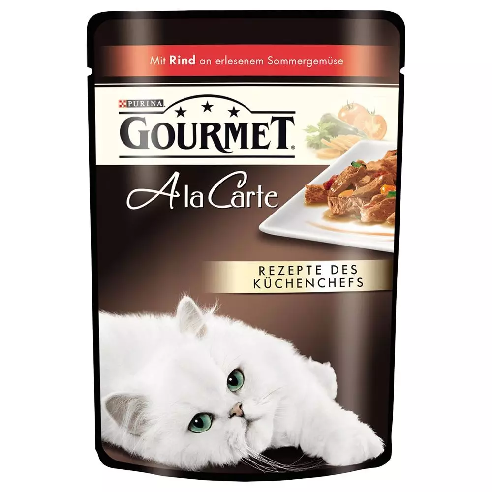 गोरमेट: मांजरी फीड आणि पुरीना मांजरी, ओले पेटेट्स आणि इतर फेलिन कॅन केलेला खाद्य, त्यांची रचना, पुनरावलोकने 22711_41