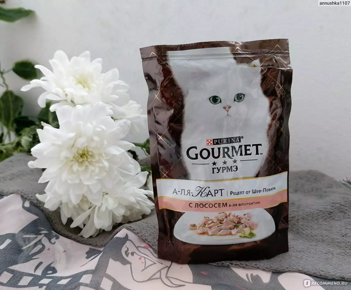Gourmet: อาหารแมวและลูกแมว Purina, Pates เปียกและอาหารกระป๋องอื่น ๆ องค์ประกอบของพวกเขาความคิดเห็น 22711_42
